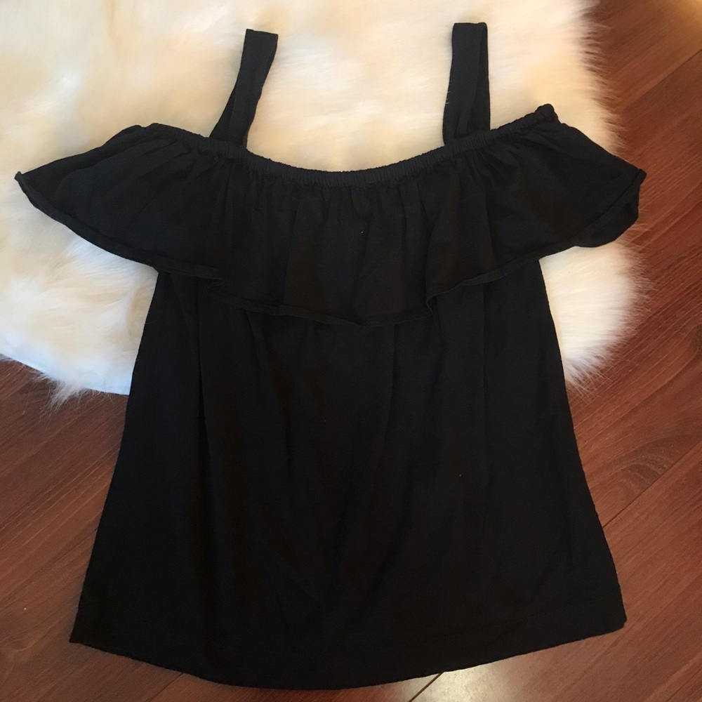 JCrew Black Ruffle Cold Shoulder Top